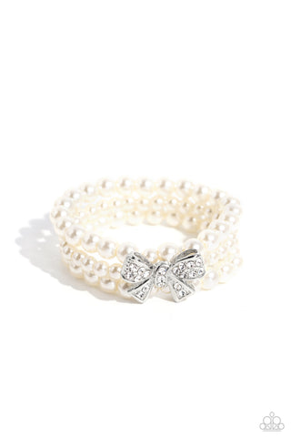 How Do You Do? - White - Rhinestone Bow and Pearl Paparazzi Stretchy Bracelet