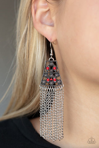 Cleopatra's Allure - Red - Beaded Sunburst Silver Fringe Paparazzi Fishhook Earrings