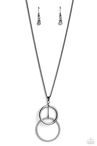 Wishing Well Whimsy - Black - Gunmetal Overlapping Circle Pendant with White Rhinestones Paparazzi Short Necklace