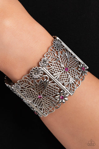 Garden City - Pink - Floral Filigree Rhinestone Paparazzi Stretchy Bracelet