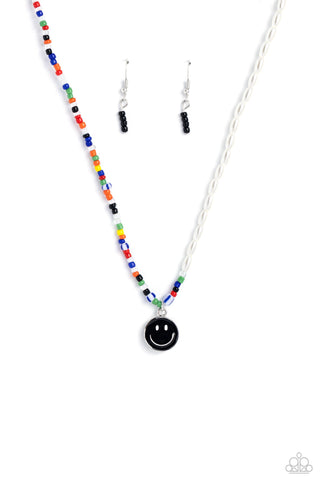 Smiling Showdown - Black - Colored Seed Bead White Pearl Smiley Face Paparazzi Short Necklacee