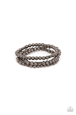 Boundless Boundaries - Black - Textured and Smooth Gunmetal Bead Paparazzi Stretchy Bracelet