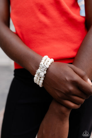 How Do You Do? - White - Rhinestone Bow and Pearl Paparazzi Stretchy Bracelet