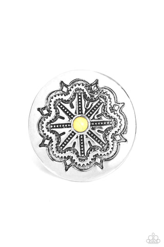 Carved Coachella - Yellow - Stone Center Filigree Flower Paparazzi Ring