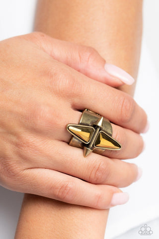 Combustible Compass - Brass - Triangular Gem Paparazzi Ring