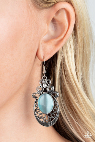 Garden Gondola Ride - Blue - Oval Cat's Eye Stone Filigree Paparazzi Fishhook Earrings