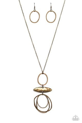 Oblong Obligato - Brass - Warped and Mismatched Ring Paparazzi Long Necklace