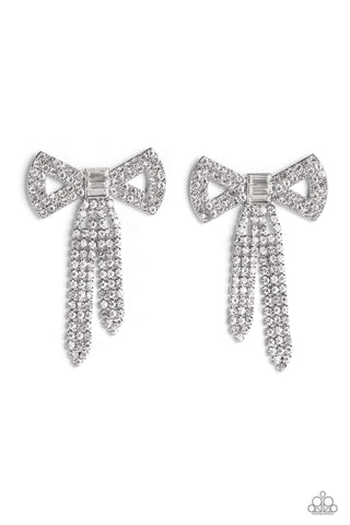 Just BOW With It - White - Oversized Rhinestone Bow Paparazzi Post Earrings - August 2023 Life of the Party Exclusive