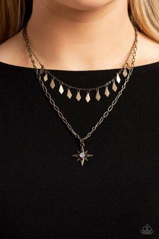 The Second Star to the LIGHT - Brass - Iridescent Rhinestone Star Tiered Paparazzi Short Necklace