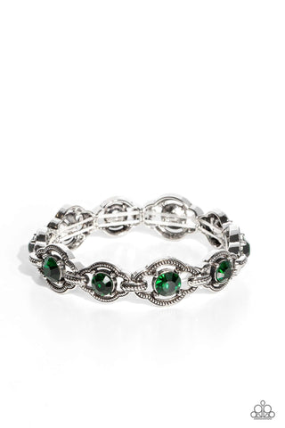 ROPE for the Best - Green - Rhinestone Silver Frame Paparazzi Stretchy Bracelet