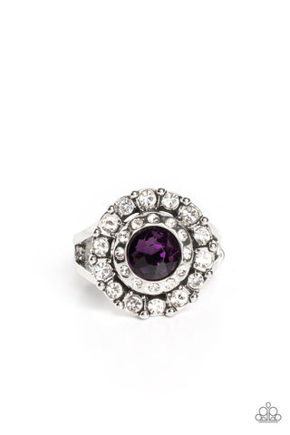 Twinkling Trance - Purple - Round Gem White Rhinestone Halo Paparazzi Dainty Ring