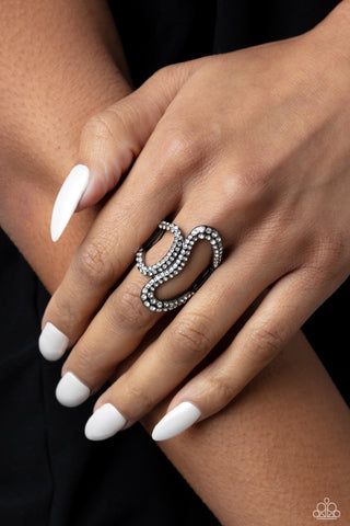 Gap Year - Black - White Rhinestone Warped Gunmetal Paparazzi Ring