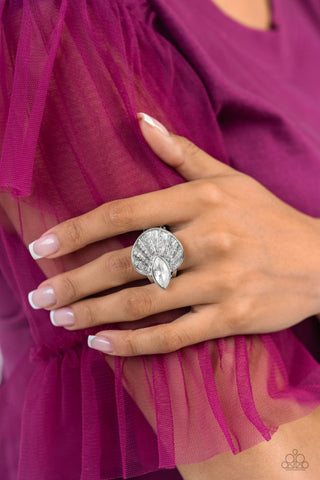 Fan Dance Dazzle - White - Rhinestone Fan Marquise Cut Gem Paparazzi Ring - August 2023 Life of the Party Exclusive