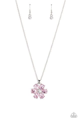 Fancy Flower Girl - Pink - Large Rhinestone Flower Pendant Paparazzi Short Necklace