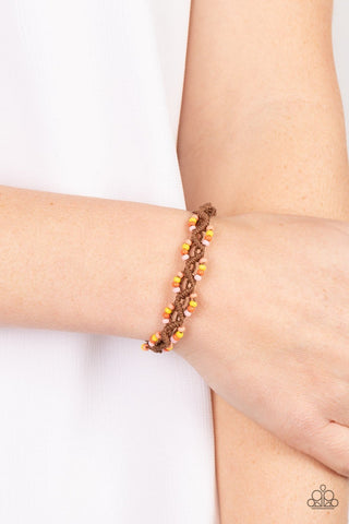 Cast a Wide Net - Orange - Seed Bead Brown Cord Paparazzi Pull-Cord Bracelet