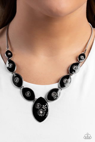 Pressed Flowers - Black - Painted Frame Silver Flower Paparazzi Short Necklace