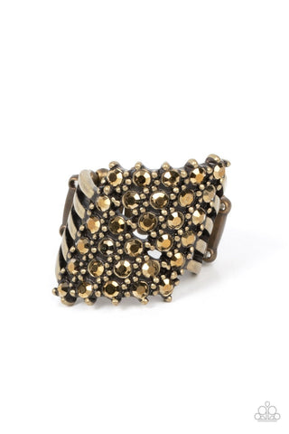 Slanted Smolder - Brass - Rhinestone Paparazzi Ring