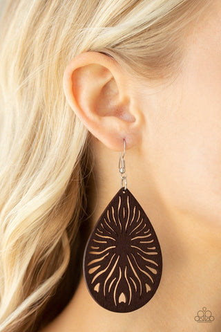 Sunny Incantations - Brown - Wooden Sun Teardrop Paparazzi Fishhook Earrings