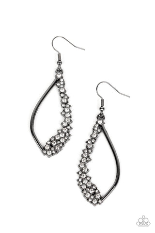 Sparkly Side Effects - Black - White Rhinestone Encrusted Warped Gunmetal Teardrop Paparazzi Fishhook Earrings