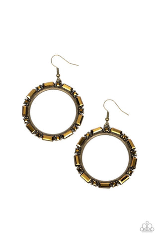 Gritty Glow - Brass - Round and Emerald Cut Rhinestone Hoop Paparazzi Fishhook Earrings