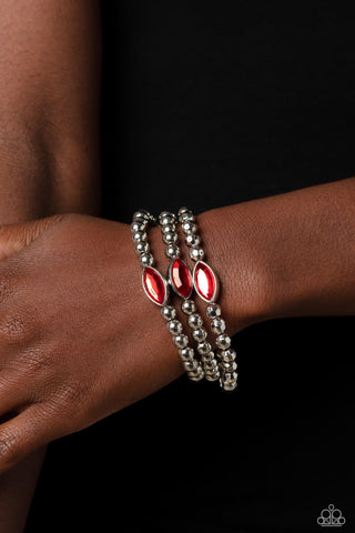 Twinkling Team - Red - Marquise Cut Gem Silver Bead Paparazzi Stretchy Bracelet