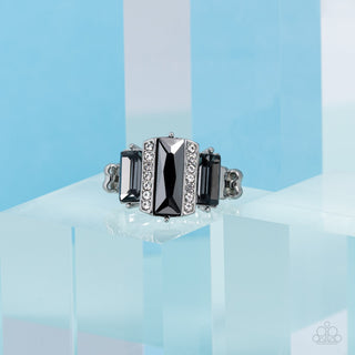 A GLITZY Verdict - Silver - Emerald Cut Hematite Rhinestone Paparazzi Ring