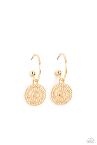 Mandala Mandala Maiden - Gold - Floral Filigree Disc Paparazzi Drop Hoop Earrings