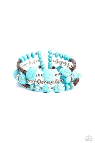 Operation Outdoors - Blue - Turquoise Stone Brown Wooden Bead Paparazzi Flex Cuff Bracelet