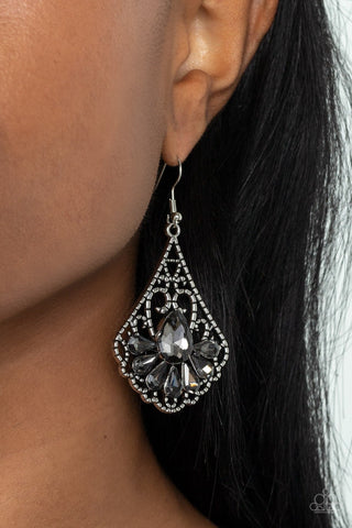 Exemplary Elegance - Silver - Hematite Rhinestone Filigree Paparazzi Fishhook Earrings