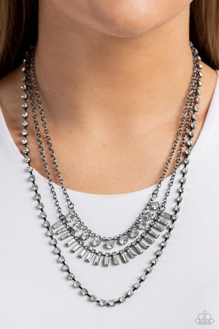 Dripping in Stardust - Black - Deco White Rhinestone Tiered Gunmetal Paparazzi Short Necklace