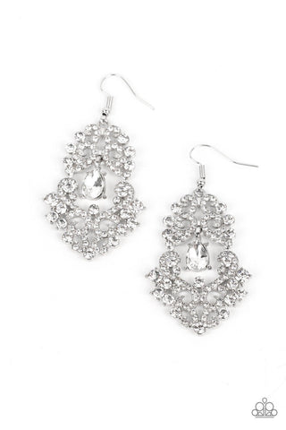 Sociable Sparkle - White - Teardrop Gem Center Rhinestone Paparazzi Fishhook Earrings