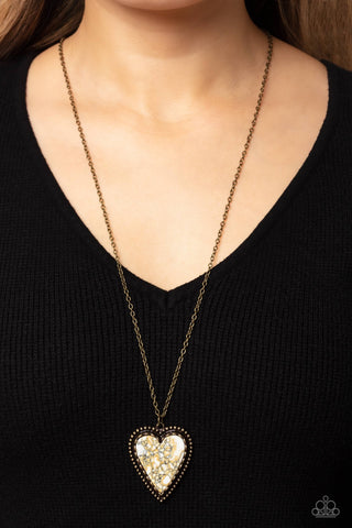 Stony Summer - Brass - White Marbled Elongated Heart Paparazzi Necklace