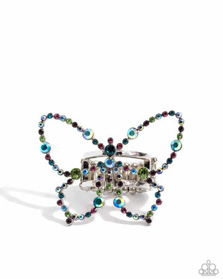 Soaring Sprinkles - Multi - Colorful and Iridescent Rhinestone Oversized Butterfly Paparazzi Ring - March 2024 Life of the Party Exclusive