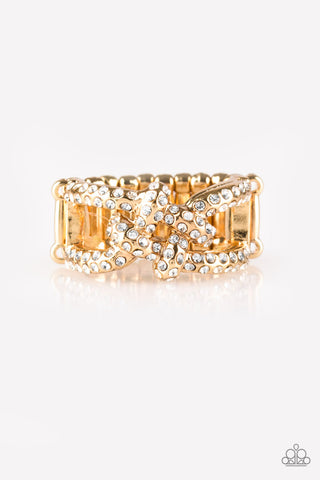 Can Only Go UPSCALE from Here - Gold - Knotted Frame White Rhinestone Paparazzi Ring