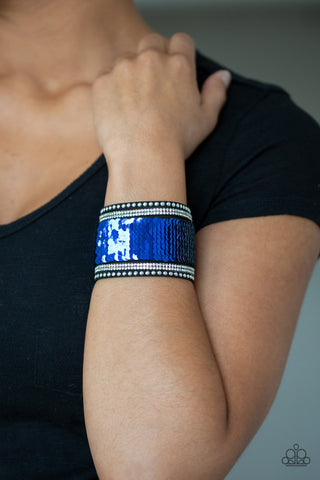 MERMAIDS Have More Fun - Blue - and Silver Reversible Sequin Paparazzi Snap Wrap Bracelet