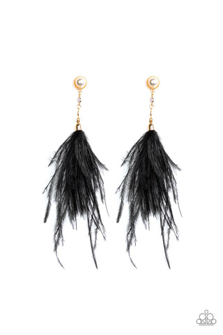 Vegas Vixen - Black - Feather White Pearl in Gold Frame Paparazzi Post Earrings