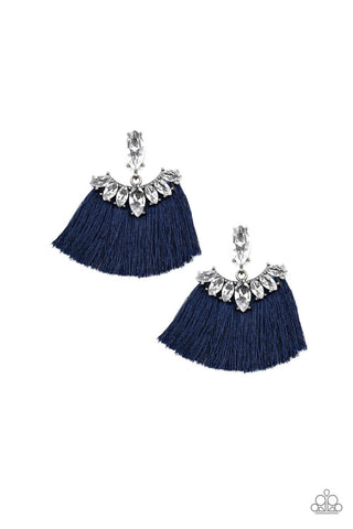 Formal Flair - Blue - Thread Tassel White Marquise-Cut Rhinestone Paparazzi Post Earrings