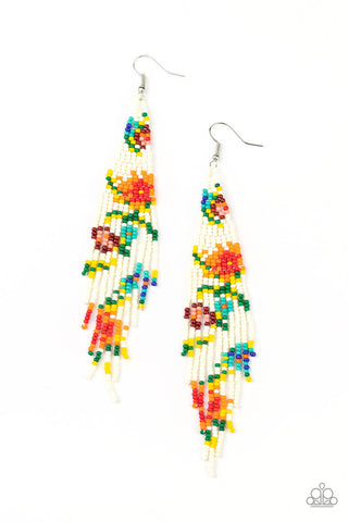 Beaded Gardens - White - Seed Bead Flower Paparazzi Fishhook Earrings - Black Diamond Exclusive