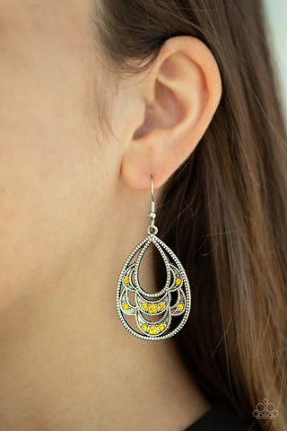 Malibu Macrame - Yellow - Rhinestone Silver Teardrop Frame Paparazzi Fishhook Earrings