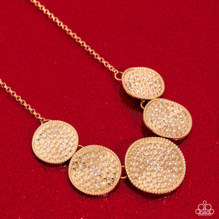 Medaled Mosaic - Gold - White Rhinestone Encrusted Warp Disc Paparazzi Short Necklace