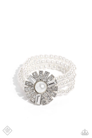 Gifted Gatsby - White - Pearl Centered Rhinestone Flower Paparazzi Stretchy Bracelet - October 2023 Fiercely 5th Avenue