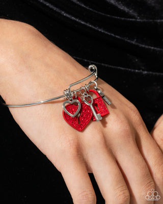 Locked Legacy - Red - Rhinestone Heart, Lock and Key Charm Paparazzi Bangle Bracelet