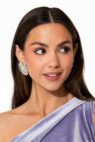 Fancy Fireworks - White - Pearl Center Iridescent Rhinestone Paparazzi Post Earrings - December 2023 Life of the Party Exclusive