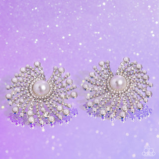 Fancy Fireworks - White - Pearl Center Iridescent Rhinestone Paparazzi Post Earrings - December 2023 Life of the Party Exclusive