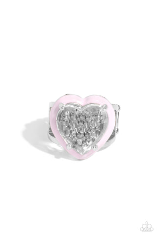 Hallmark Heart - Pink - Painted Heart Faceted White Gem Paparazzi Ring