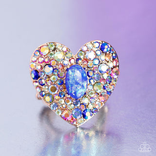 Bejeweled Beau - Blue - and Iridescent Rhinestone Heart Paparazzi Ring - November 2023 Life of the Party Exclusive