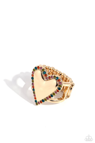 Smitten Shimmer - Gold - Colorful Rhinestone Bordered Heart Paparazzi Ring