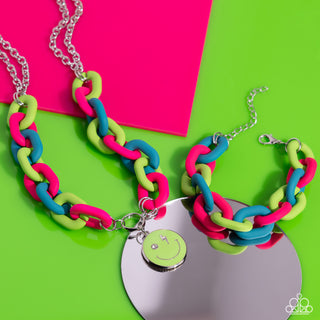 Speed SMILE - Green - Pink and Blue Acrylic Link Smiley Face Charm Paparazzi Short Necklace