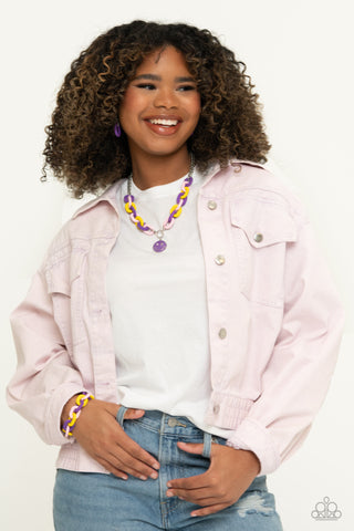 Speed SMILE - Purple - Pink, and Yellow Acrylic Ling with Smiley Face Paparazzi Short Necklace