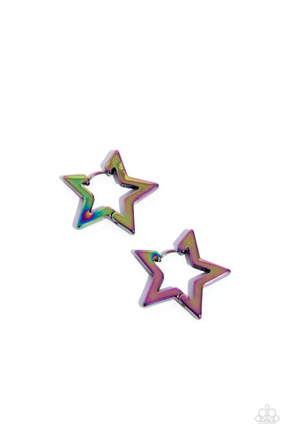 In A Galaxy STAR, STAR Away - Multi - Metallic Oil Spill Paparazzi Hinge Hoop Earrings